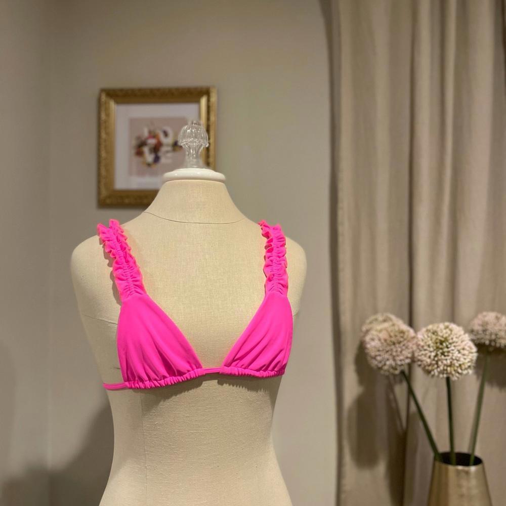 NWT- Ellejay Hot Pink Triangle Bikini Top with Ruffle Straps - Size XS